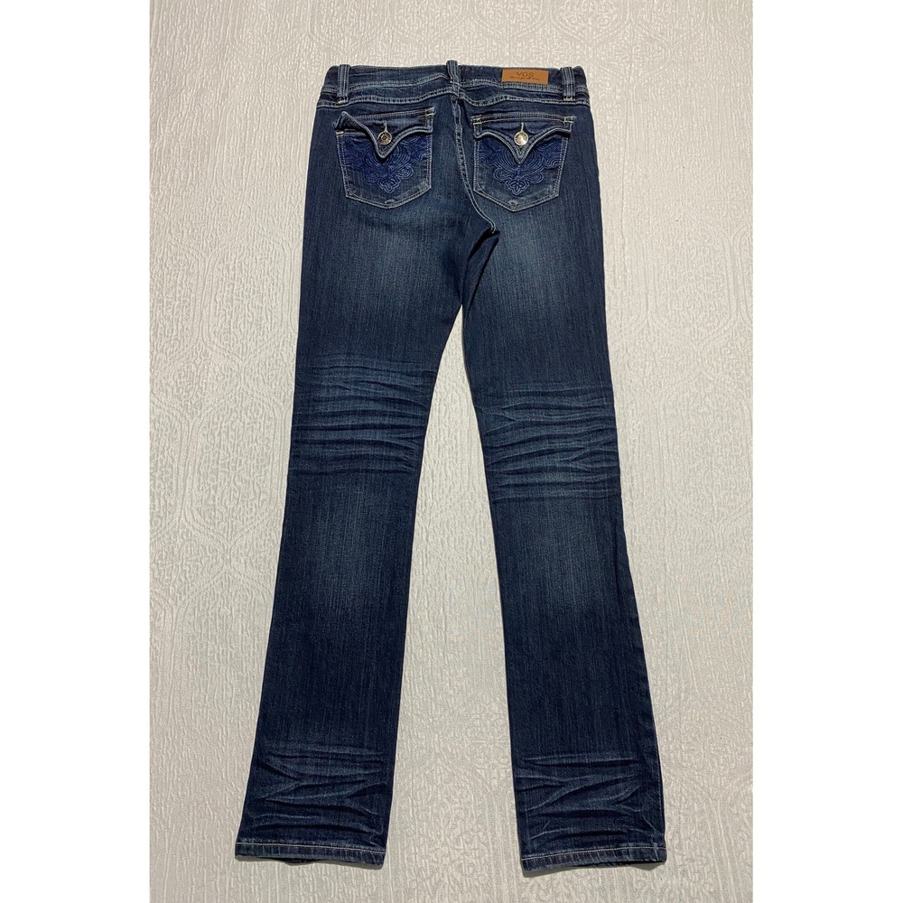 VGS Jeans Womens Size 6 Blue Denim Whiskers‎ Stretch Flap Pockets Embroidered